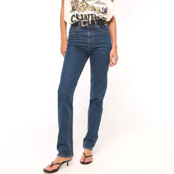 Abercrombie & Fitch Ultra High Rise Slim Straight Dark Wash Jean Extra Short - Picture 1 of 15
